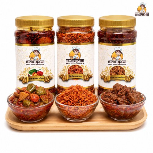 চিংড়ি বালাচাও ২০০ গ্রাম, গরুর মাংসের আচার ২৫০ গ্রাম, নাগা মরিচের আঁচার ২৫০ গ্রাম